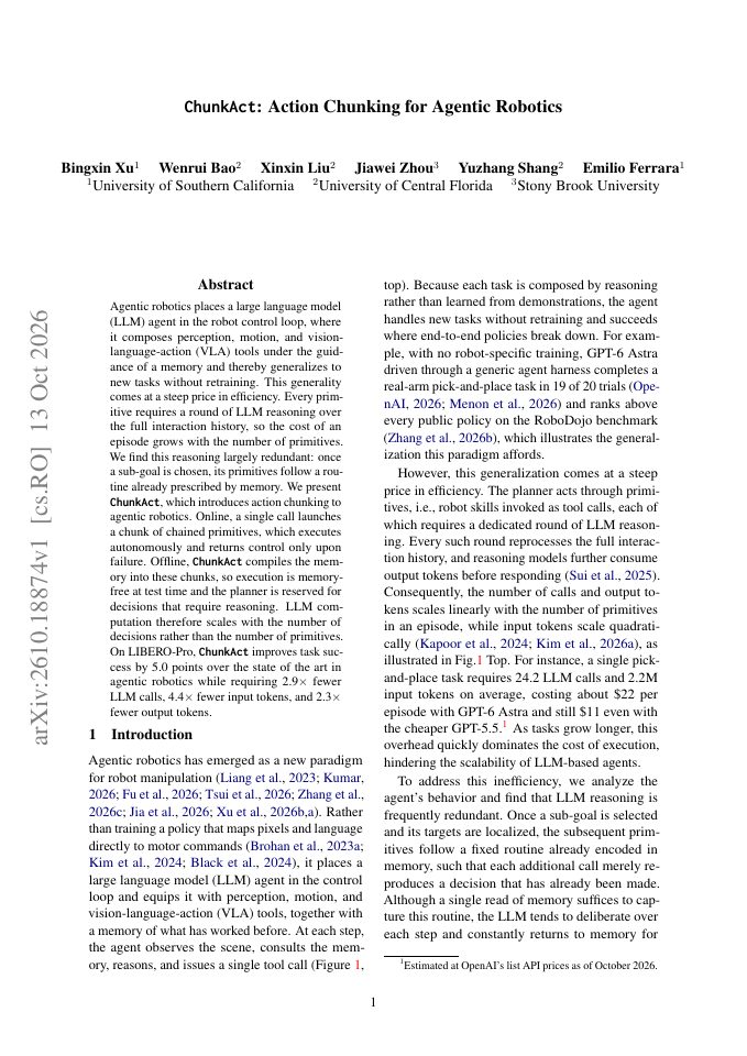 First page of ChunkAct: Action Chunking for Agentic Robotics