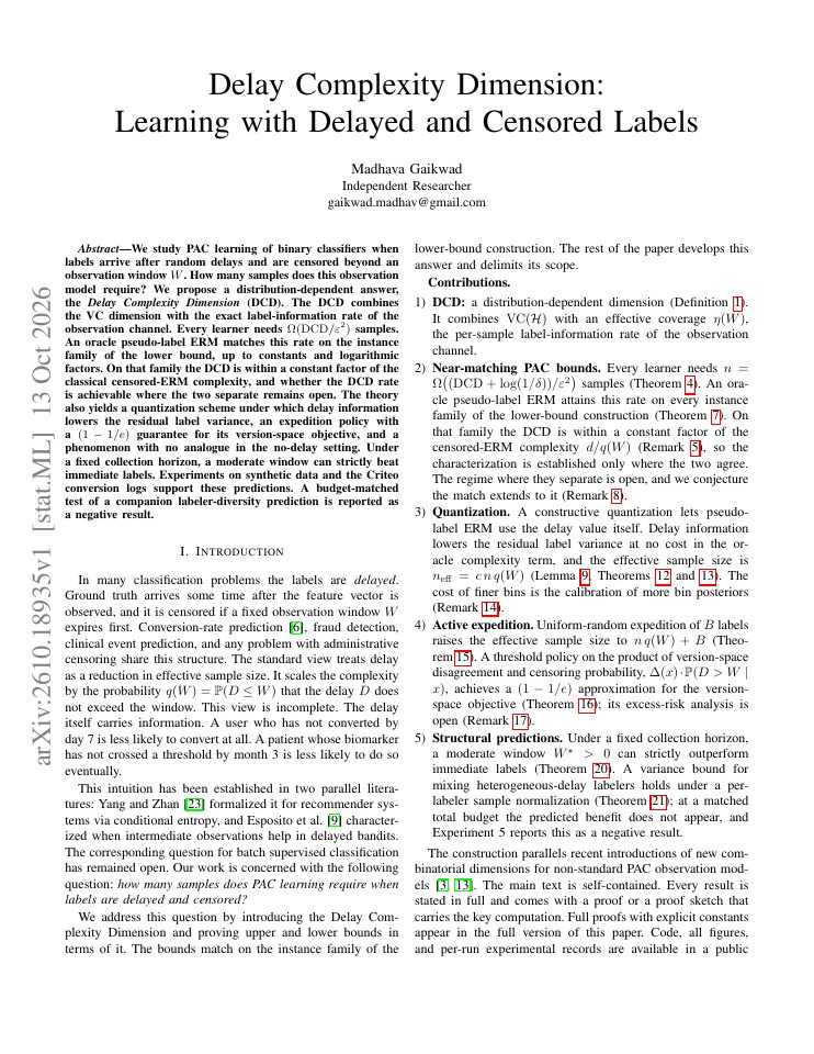 First page of Delay Complexity Dimension: Learning with Delayed and Censored Labels