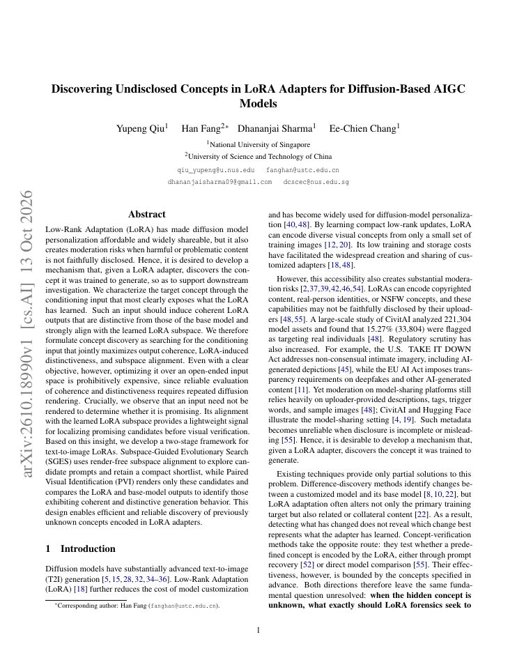 First page of Discovering Undisclosed Concepts in LoRA Adapters for Diffusion-Based AIGC Models