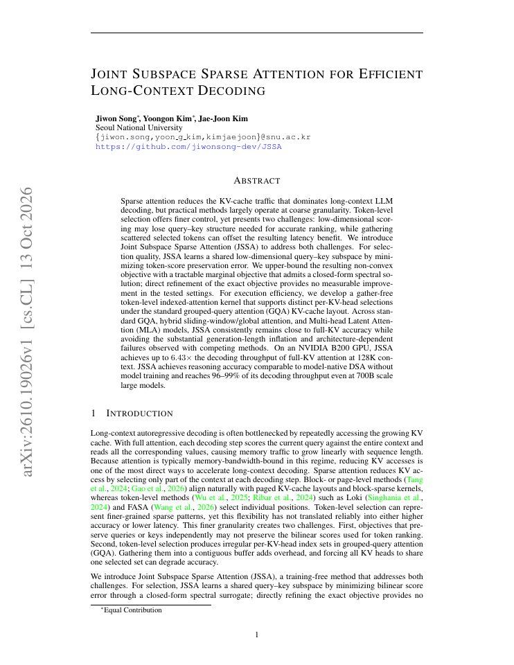 First page of Joint Subspace Sparse Attention for Efficient Long-Context Decoding
