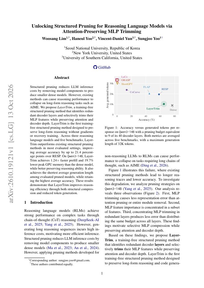 First page of Unlocking Structured Pruning for Reasoning Language Models via Attention-Preserving MLP Trimming