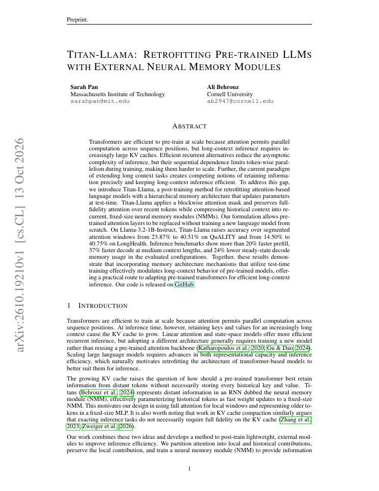 First page of Titan-Llama: Retrofitting Pre-trained LLMs with External Neural Memory Modules