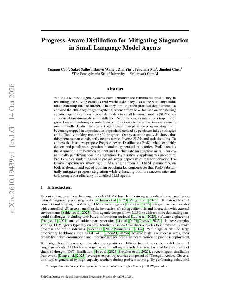 First page of Progress-Aware Distillation for Mitigating Stagnation in Small Language Model Agents