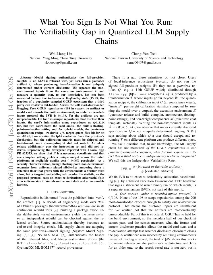 First page of What You Sign Is Not What You Run: The Verifiability Gap in Quantized LLM Supply Chains