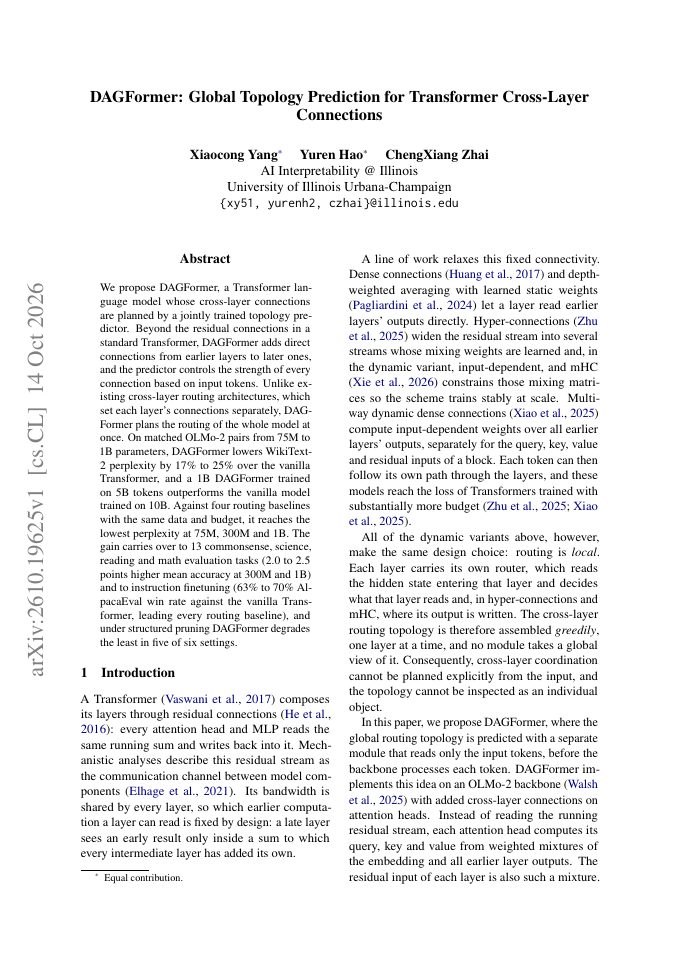 First page of DAGFormer: Global Topology Prediction for Transformer Cross-Layer Connections