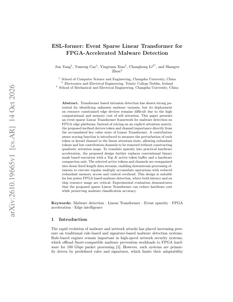 First page of ESL-former: Event Sparse Linear Transformer for FPGA-Accelerated Malware Detection