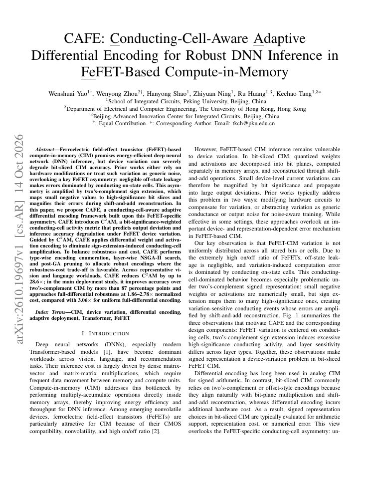 First page of CAFE: Conducting-Cell-Aware Adaptive Differential Encoding for Robust DNN Inference in FeFET-Based Compute-in-Memory