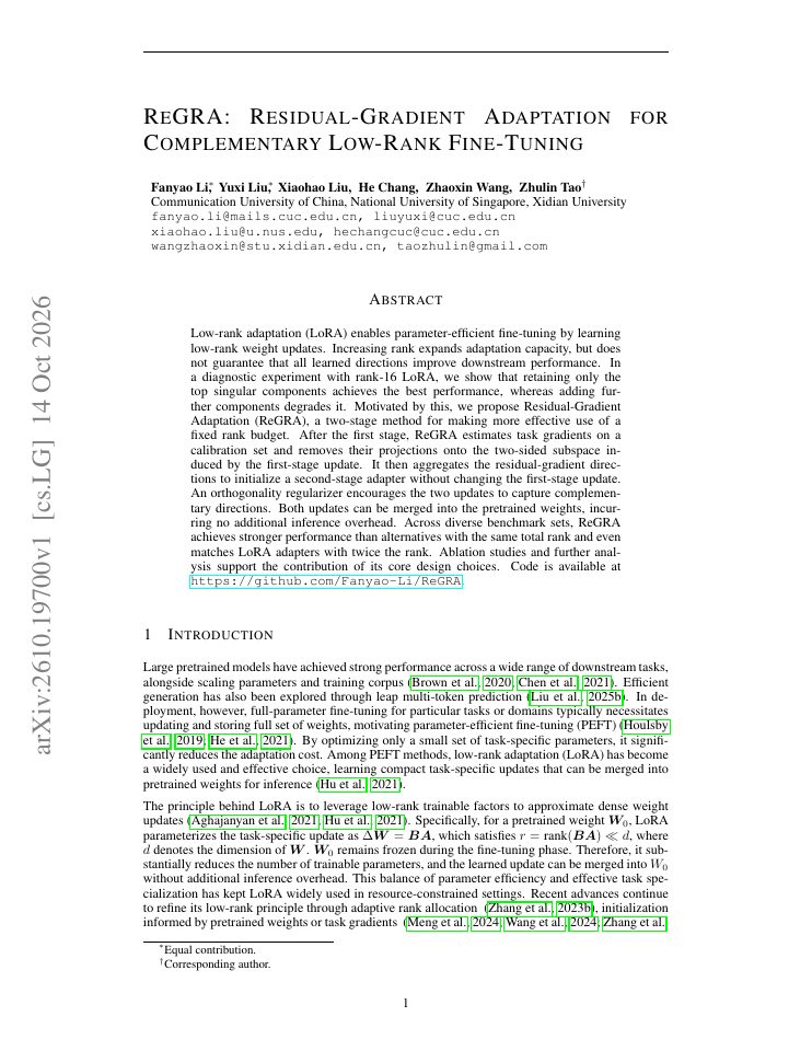 First page of ReGRA: Residual-Gradient Adaptation for Complementary Low-Rank Fine-Tuning