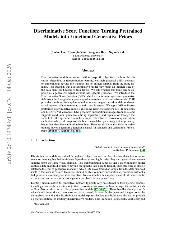 First page of Discriminative Score Function: Turning Pretrained Models into Functional Generative Priors