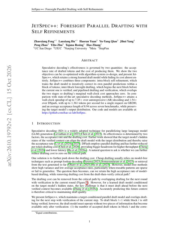 First page of JetSpec++: Foresight Parallel Drafting with Self Refinements