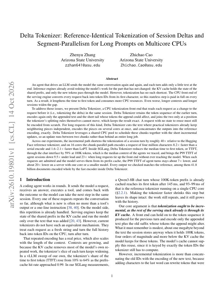 First page of Delta Tokenizer: Reference-Identical Tokenization of Session Deltas and Segment-Parallelism for Long Prompts on Multicore CPUs