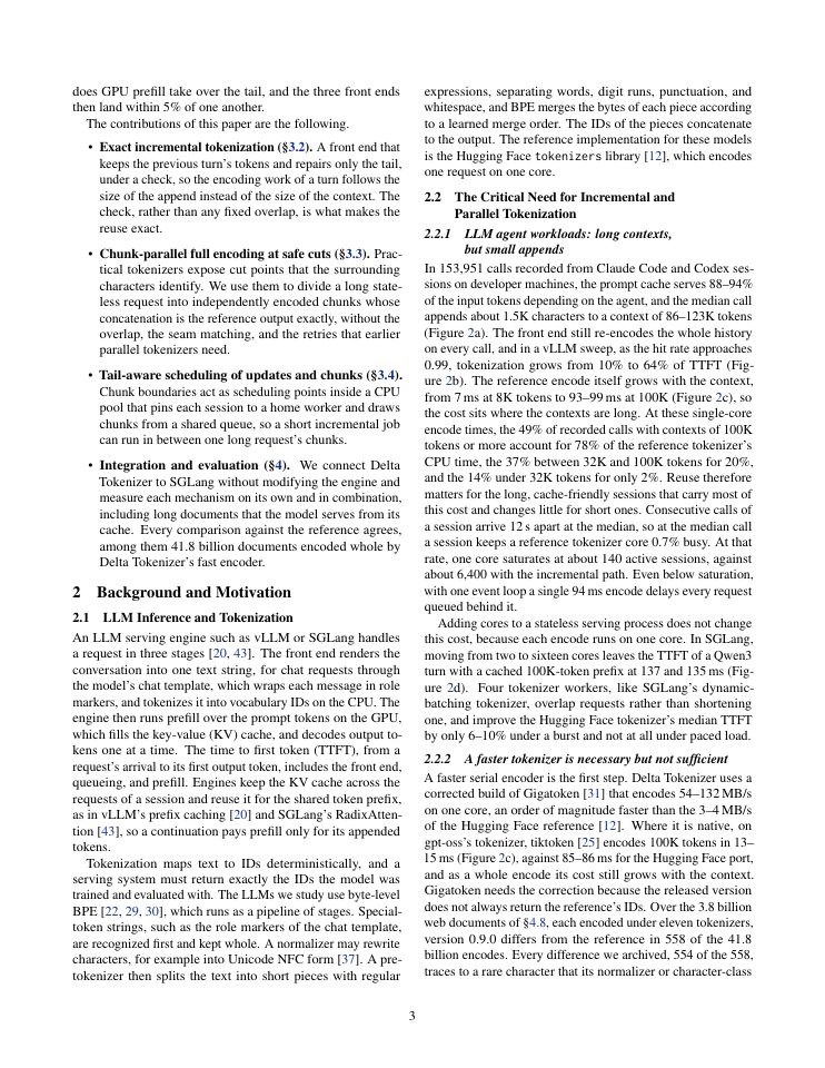 Page 3 of Delta Tokenizer: Reference-Identical Tokenization of Session Deltas and Segment-Parallelism for Long Prompts on Multicore CPUs