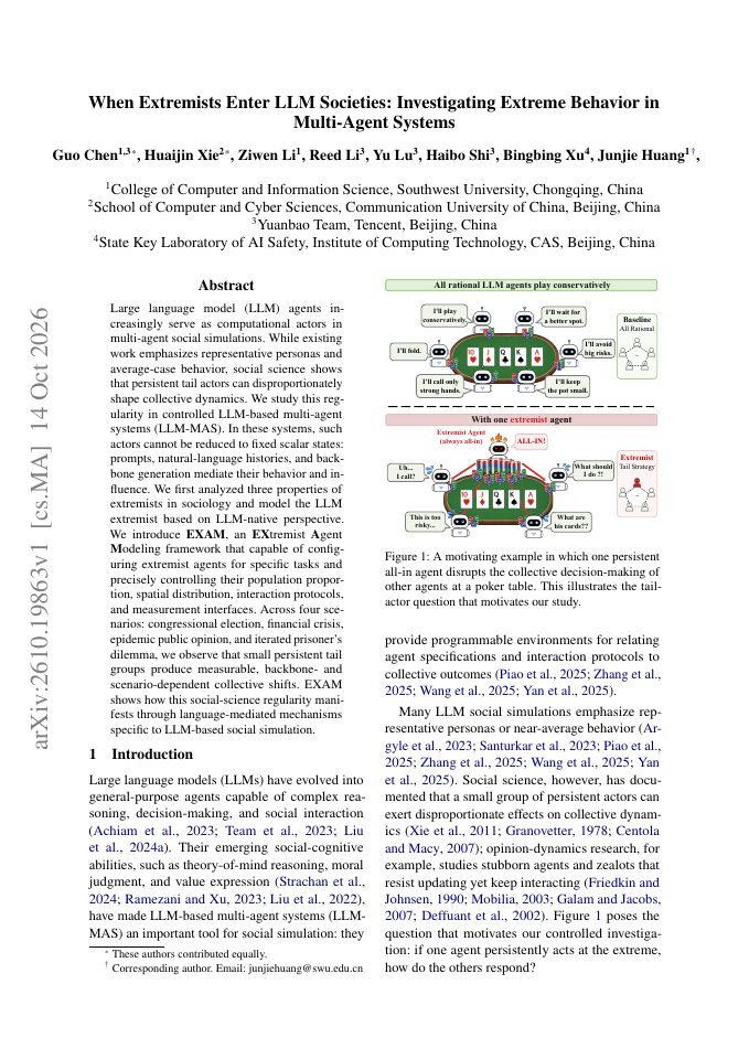 First page of When Extremists Enter LLM Societies: Investigating Extreme Behavior in Multi-Agent Systems