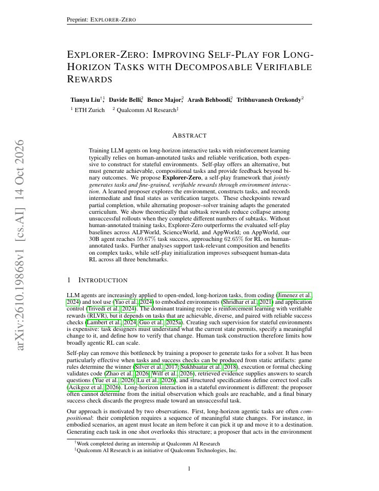 First page of Explorer-Zero: Improving Self-Play for Long-Horizon Tasks with Decomposable Verifiable Rewards