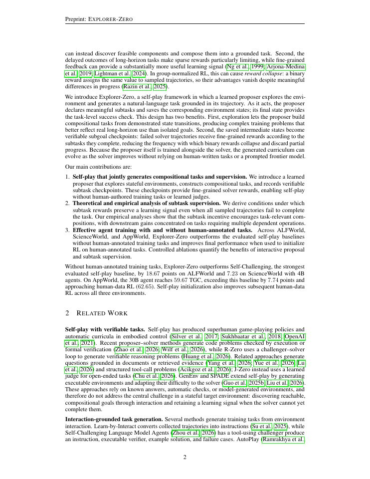 Page 2 of Explorer-Zero: Improving Self-Play for Long-Horizon Tasks with Decomposable Verifiable Rewards
