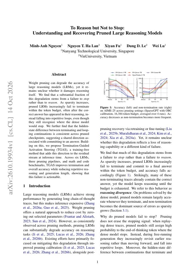 First page of To Reason but Not to Stop: Understanding and Recovering Pruned Large Reasoning Models