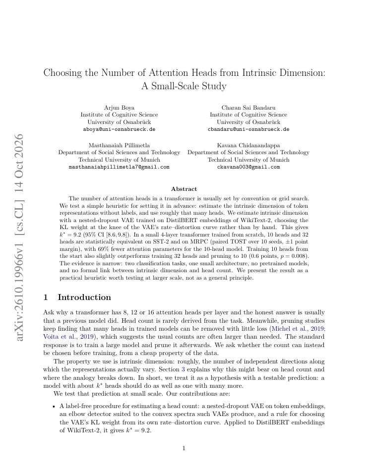 First page of Choosing the Number of Attention Heads from Intrinsic Dimension: A Small-Scale Study