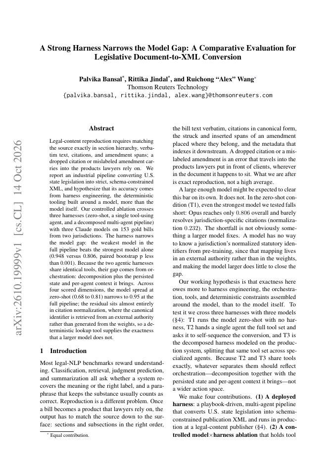 First page of A Strong Harness Narrows the Model Gap: A Comparative Evaluation for Legislative Document-to-XML Conversion