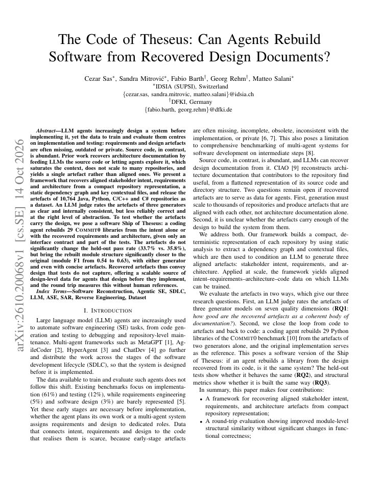 First page of The Code of Theseus: Can Agents Rebuild Software from Recovered Design Documents?