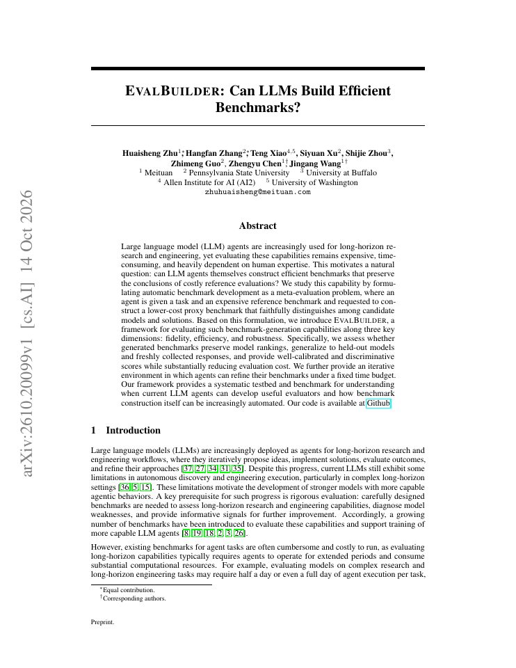 First page of EvalBuilder: Can LLMs Build Efficient Benchmarks?