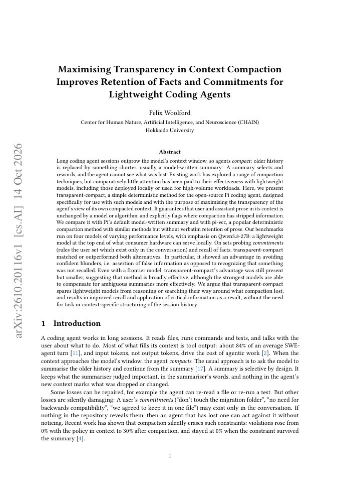 First page of Maximising Transparency in Context Compaction Improves Retention of Facts and Commitments for Lightweight Coding Agents