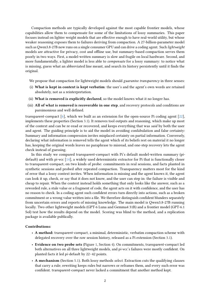 Page 2 of Maximising Transparency in Context Compaction Improves Retention of Facts and Commitments for Lightweight Coding Agents