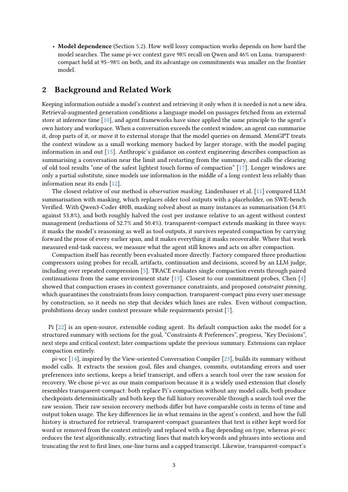 Page 3 of Maximising Transparency in Context Compaction Improves Retention of Facts and Commitments for Lightweight Coding Agents