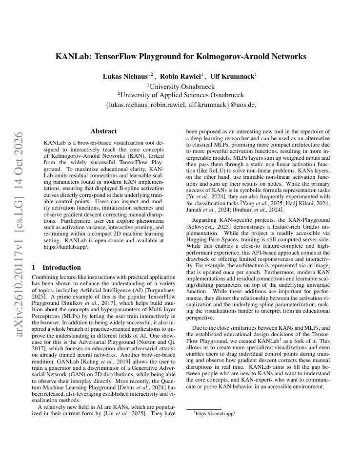 First page of KANLab: TensorFlow Playground for Kolmogorov-Arnold Networks