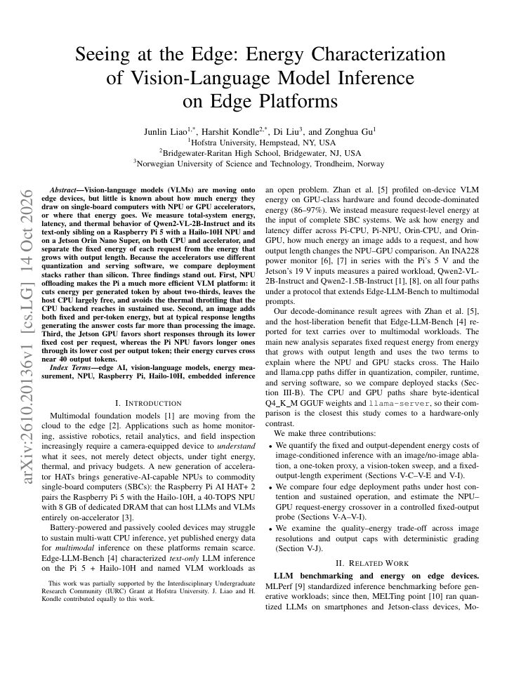 First page of Seeing at the Edge: Energy Characterization of Vision-Language Model Inference on Edge Platforms