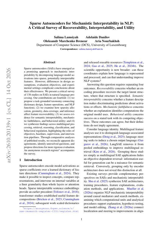 First page of Sparse Autoencoders for Mechanistic Interpretability in NLP: A Critical Survey of Recoverability, Interpretability, and Utility