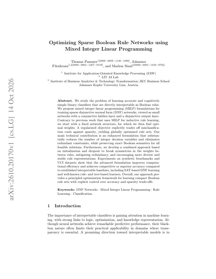 First page of Optimizing Sparse Boolean Rule Networks using Mixed Integer Linear Programming