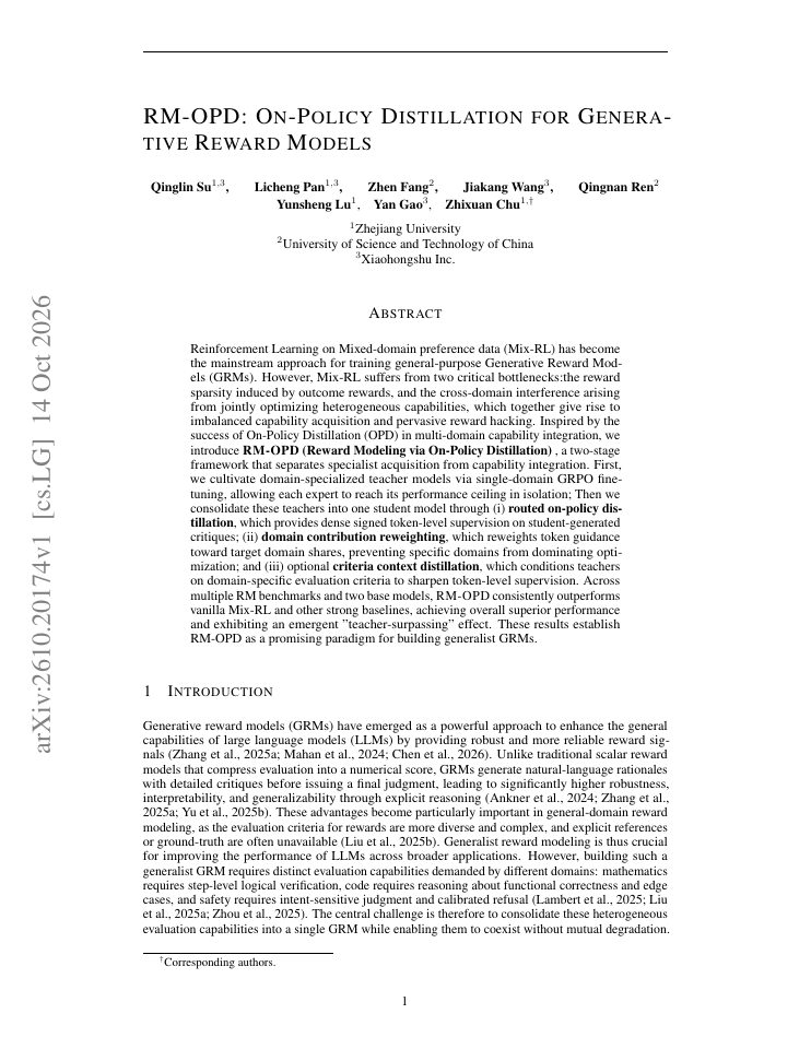 First page of RM-OPD: On-Policy Distillation for Generative Reward Models