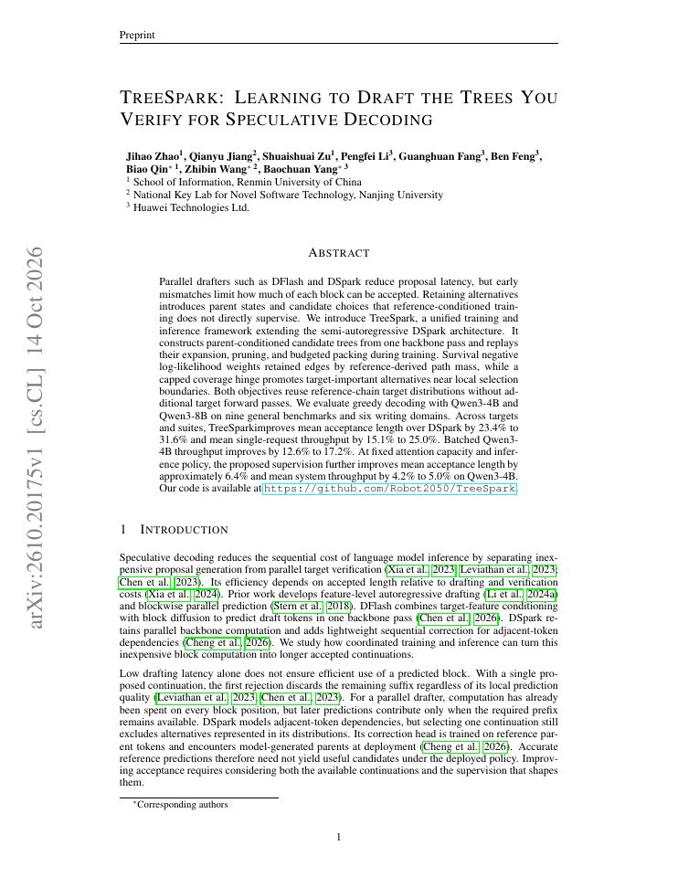 First page of TreeSpark: Learning to Draft the Trees You Verify for Speculative Decoding