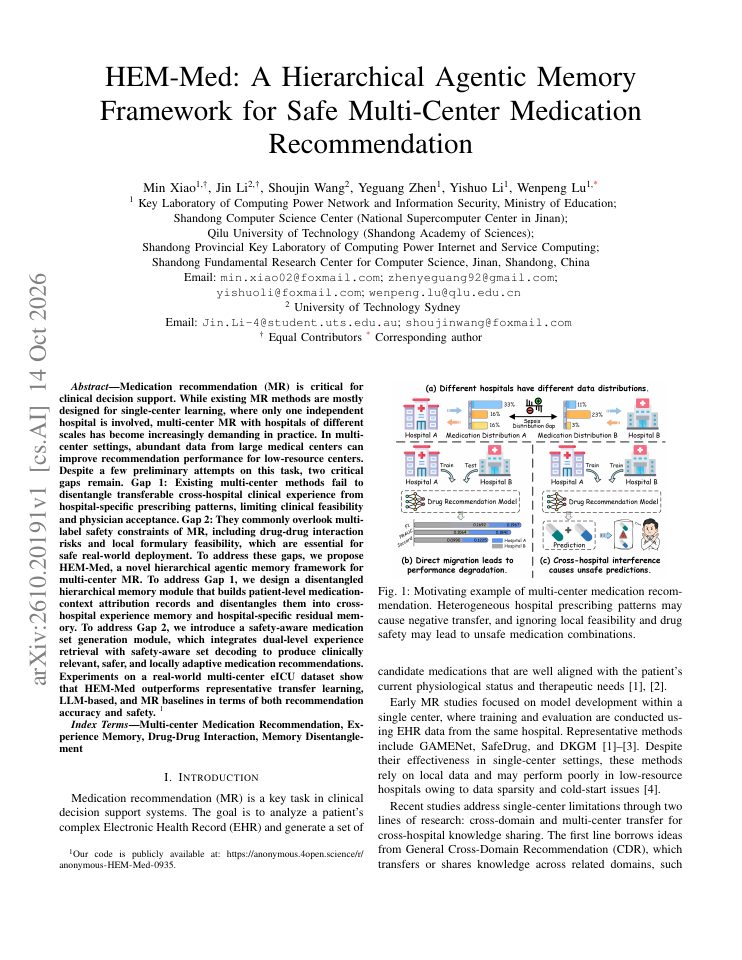First page of HEM-Med: A Hierarchical Agentic Memory Framework for Safe Multi-Center Medication Recommendation