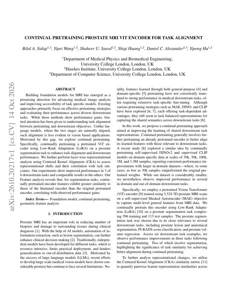 First page of Continual pretraining Prostate MRI ViT Encoder for task alignment