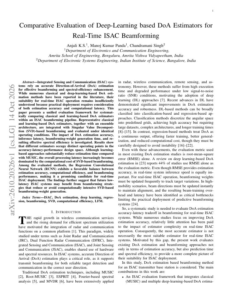 First page of Comparative Evaluation of Deep-Learning based DoA Estimators for Real-Time ISAC Beamforming