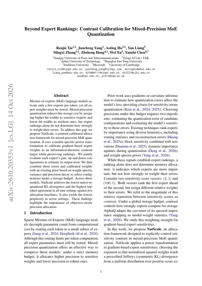 First page of Beyond Expert Rankings: Contrast Calibration for Mixed-Precision MoE Quantization