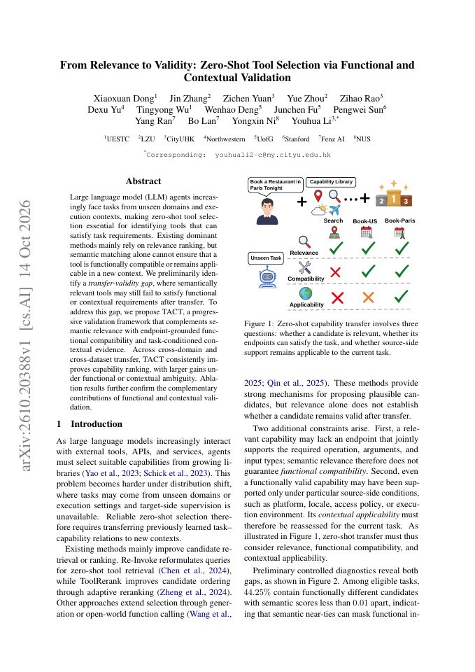 First page of From Relevance to Validity: Zero-Shot Tool Selection via Functional and Contextual Validation