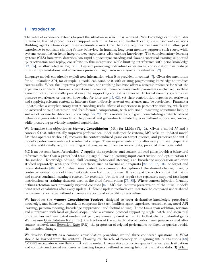 Page 2 of Cortex: Consolidating Context into Parametric Memory