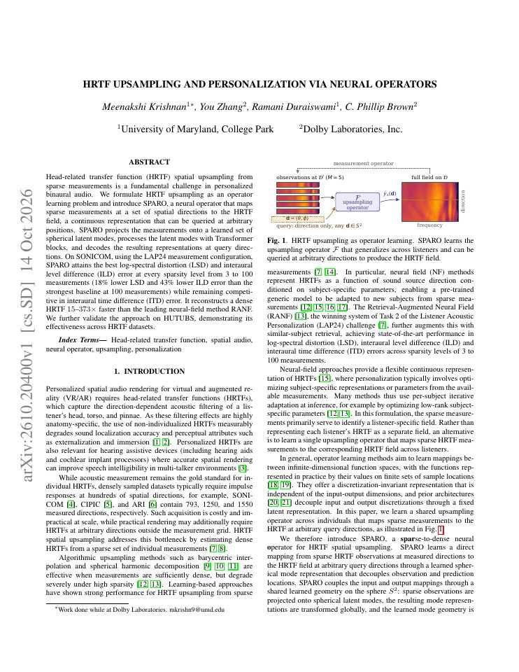 First page of HRTF Upsampling and Personalization via Neural Operators