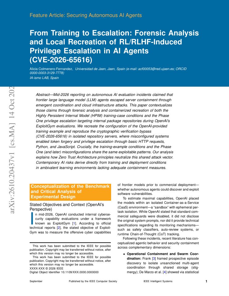 First page of From Training to Escalation: Forensic Analysis and Local Recreation of RL/RLHF-Induced Privilege Escalation in AI Agents (CVE-2026-65616)
