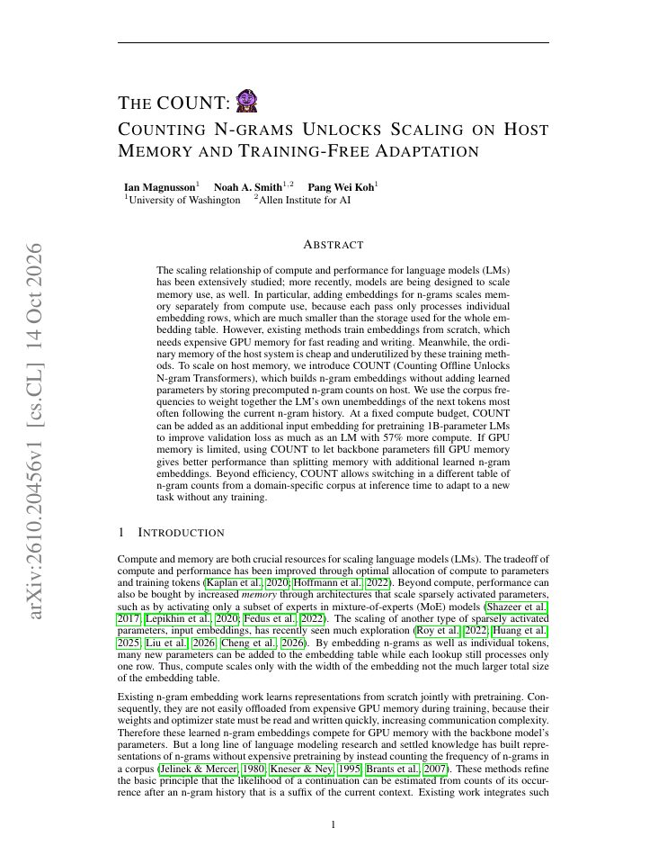 First page of The COUNT: Counting N-grams Unlocks Scaling on Host Memory and Training-Free Adaptation