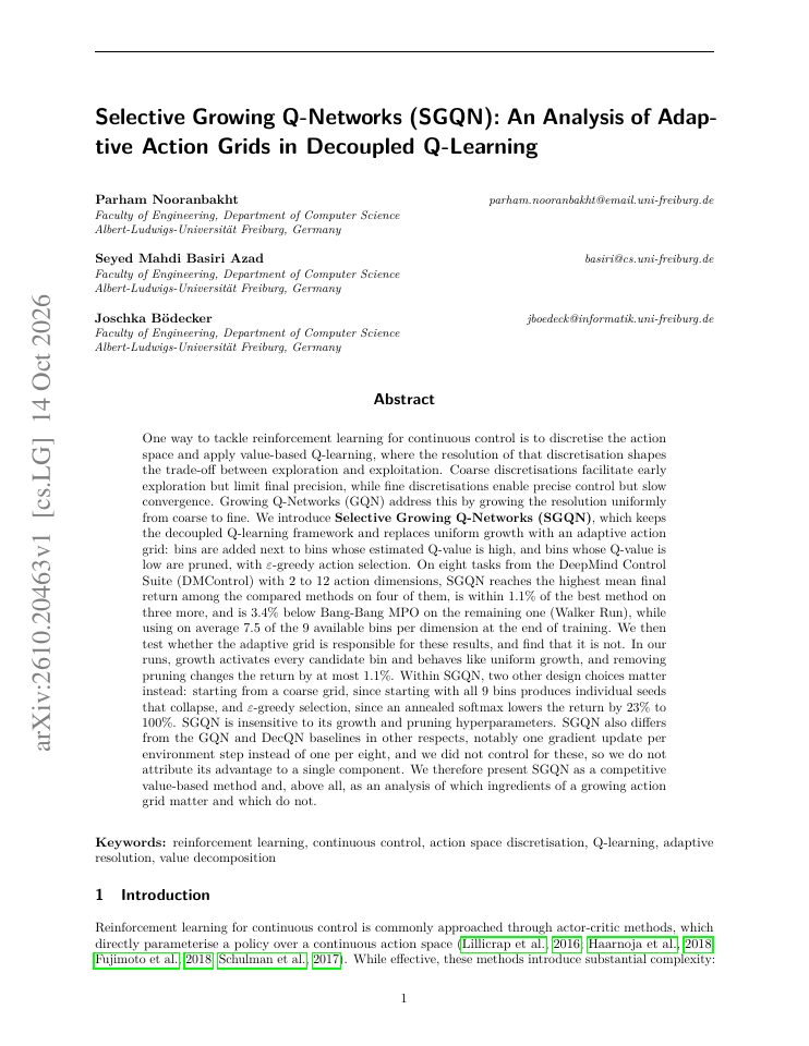 First page of Selective Growing Q-Networks (SGQN): An Analysis of Adaptive Action Grids in Decoupled Q-Learning