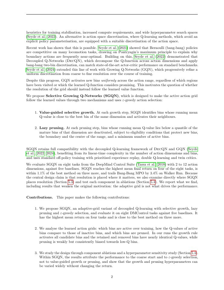 Page 2 of Selective Growing Q-Networks (SGQN): An Analysis of Adaptive Action Grids in Decoupled Q-Learning