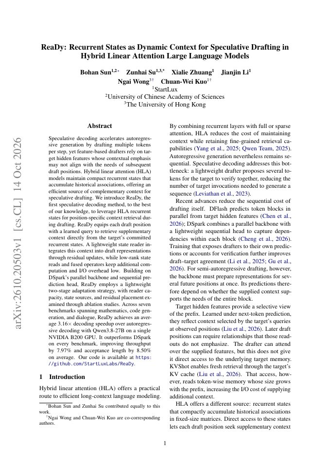 First page of ReaDy: Recurrent States as Dynamic Context for Speculative Drafting in Hybrid Linear Attention Large Language Models