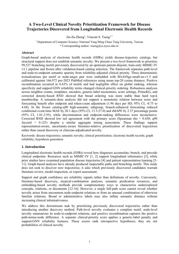 First page of A Two-Level Clinical Novelty Prioritization Framework for Disease Trajectories Discovered from Longitudinal Electronic Health Records
