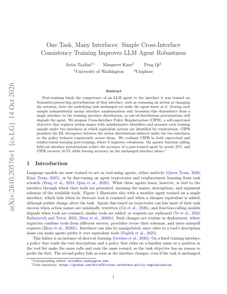 First page of One Task, Many Interfaces: Simple Cross-Interface Consistency Training Improves LLM Agent Robustness