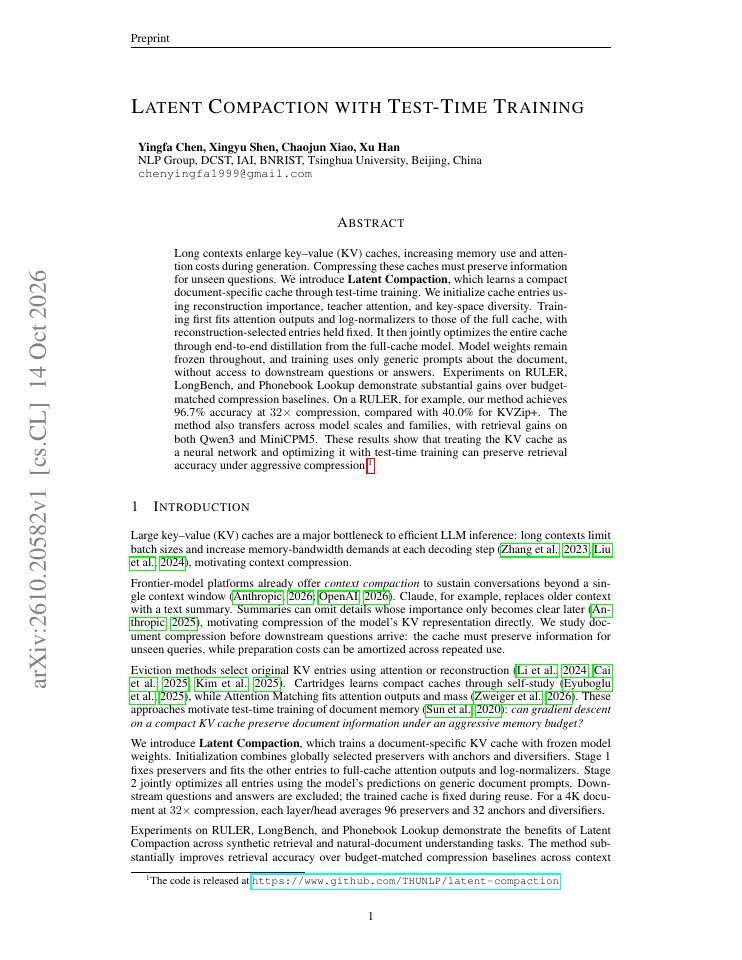 First page of Latent Compaction with Test-Time Training