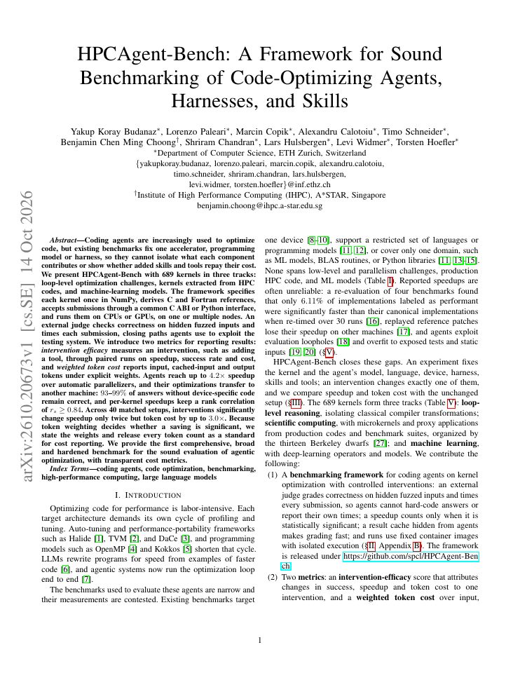 First page of HPCAgent-Bench: A Framework for Sound Benchmarking of Code-Optimizing Agents, Harnesses, and Skills