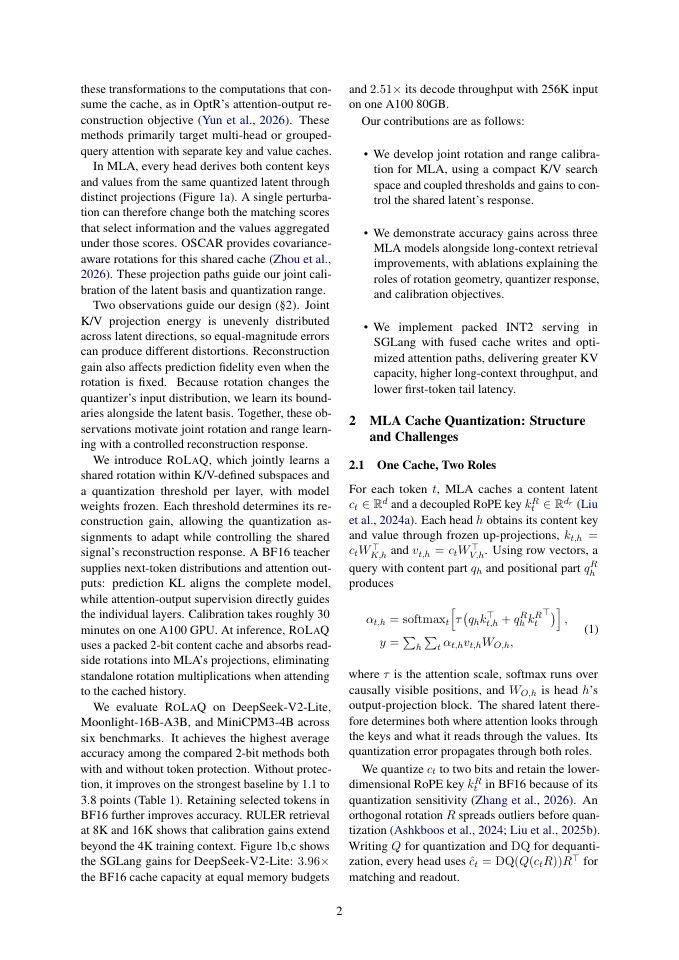 Page 2 of RoLaQ: Joint Rotation and Range Calibration for 2-Bit KV Caches in Multi-Head Latent Attention